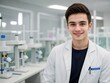 © PNG&Background Image - Young handsome scientist wearing a white coat confidently smiling and standing in the laboratory