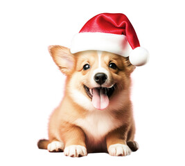 Wall Mural - Cute dog wearing santa claus hat on white