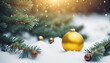 Beautiful christmas card with gold bauble tree and snow with copy space