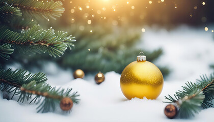 Wall Mural - Beautiful christmas card with gold bauble tree and snow with copy space
