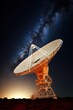 © Stavros - Radio telescope aimed directly into sky in middle of deserted desert catching signals. Large modern radio telescope aimed at sky catches signals and transmits to scientists for recognition.
