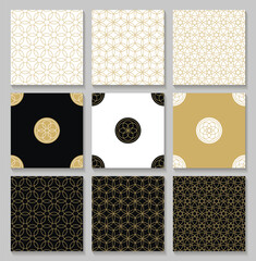 Wall Mural - Seamless gold oriental patterns and logos set. Islamic templates with shadows. Arabic linear textures. Vector brochures.
