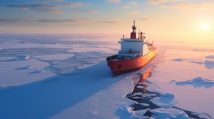 Icebreaker goes on the sea among the blue ice at sunset, aerial view.