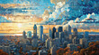 Toronto city skyline, a painting of a view of a city at sunset, detailed clouds, full color illustration, office decor, living room art, Generative AI