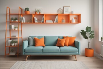 Mint sofa with orange pillows against bookcase. Home library. Scandinavian interior design of modern living room 