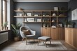 © Marko - Grey barrel chair against of window and wooden shelving unit and cabinet on dark wall. Scandinavian style interior design of modern living room