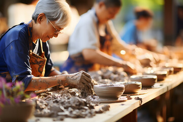 Korean senior woman crafting at pottery class.