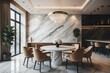 Interior design with marble round table and chairs. Modern dining room with beige wall. Cafe, bar or restaurant interior design. Home interior