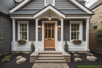 Main entrance door in house. Wooden front door with gabled porch and landing. Exterior of georgian style home cottage with columns and stone cladding