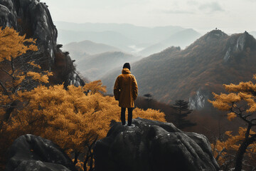 Wall Mural - Person in a warm coat standing on a rocky mountain and looking at trees, aesthetic look