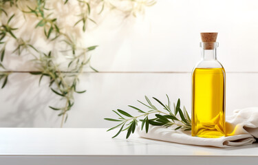 Canvas Print - Bottle olive oil and olive branches on white wooden table over light kitchen background