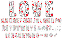 Love Trendy Alphabet. Hand Drawn Doodle Font With Polka Dot And Heart Pattern. Modern Uppercase Letters, Numbers And Punctuation Marks. For Poster, Banner, T Shirt. Valentines Day. Vector Illustration