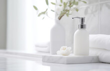 Soap And Shampoo On White Marble Sink On White Bathroom Background