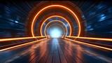 Fototapeta Przestrzenne - Blue and orange round octagon neon light tunnel, futuristic design modern vibrant color light, fantasy cyber scene 