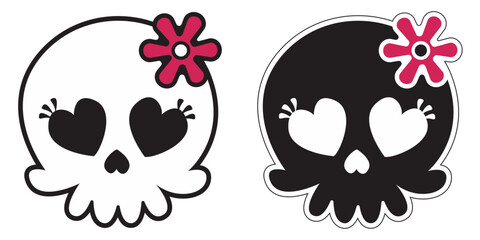 Leinwandbilder - Two skulls with a pink flower. A girl's skull, a stylish stick in two versions - black and white. Skulls have hearts instead of eyes.