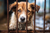 Fototapeta Zwierzęta - Stray homeless dog in animal shelter cage with a sad abandoned hungry dog behind old rusty grid of the cage in shelter for homeless animals