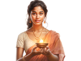 Indian woman holding oil lamp in hand on white background