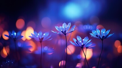 blue flowers in the dark with a blurred background, ai