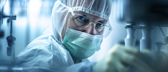 Close-up image of a old man researcher in a protective mask working in a laboratory of a research institute. Creation of innovative medicines and vaccines. Generative ai