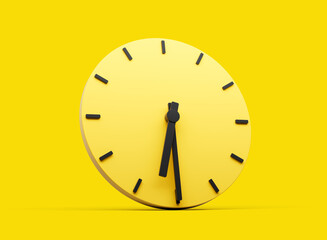 3d Simple Yellow Round Wall Clock 6:30 Six Thirty Half Past 6 On Yellow Background 3d illustration