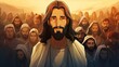 Jesus, cartoon, background of devotees