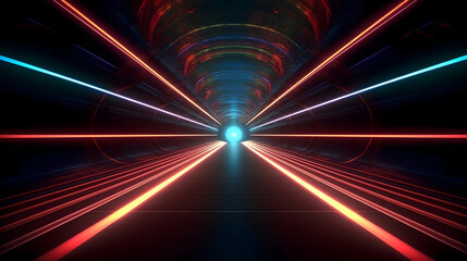 Wall Mural - Futuristic space tunnel with orange blue purple neon lights in a octagon shape, modern space technology design, digital computer illustration in dark mood, wallpaper