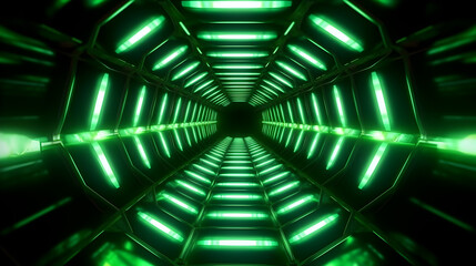 Sticker - Futuristic space tunnel with green neon lights in a octagon shape, modern space technology design, digital computer illustration in dark mood, wallpaper