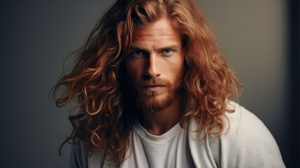 Wall Mural - handsome man with long red hair on dark background.