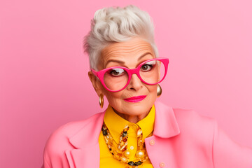 Wall Mural - Funny stylish elderly grandmother in glasses poses at studio. Senior old woman looking at camera over bright background