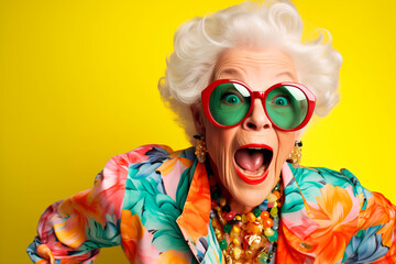 Wall Mural - Funny stylish elderly grandmother in glasses poses at studio. Senior old woman looking at camera over bright background