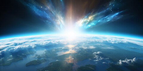 Wall Mural - panoramic view on planet earth globe from space with rising sun. glowing city lights, light clouds. 