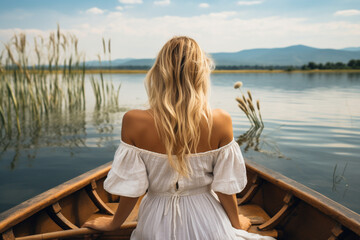 Wall Mural - Rear view of Blonde woman in white dress enjoying vacation on the lake, White linens in old fishing boat with oar, aesthetic look