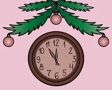 Wall Clock. The Time Is Five Minutes Before The New Year. Fir Branches Are Decorated With Glass Balls. Color Vector Illustration. Round, Mechanical Watch With Hands. Arabic Numerals On The Mechanism. 