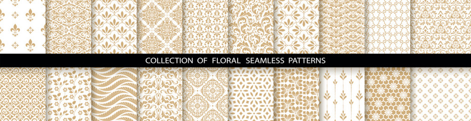 Geometric floral set of seamless patterns. White and gold vector backgrounds. Damask graphic ornaments