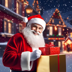 Santa claus with a present gift box with winter snow village background