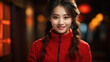 © hakule - Chinese beautiful smiling girl with red sweater on Chinese new year background