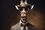 A picture of a giraffe dressed in a suit and wearing a hat. Perfect for adding a touch of whimsy and fun to any project or design