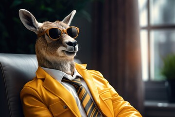 Poster - A deer is sitting in a chair, wearing glasses and a tie. This image can be used to depict a humorous or unexpected situation involving animals in human-like settings