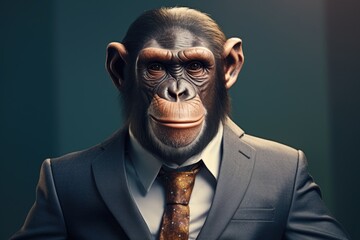 Poster - A picture of a man dressed in a suit and tie, but with a monkey head. This image can be used to represent humor, absurdity, or a blend of human and animal characteristics.