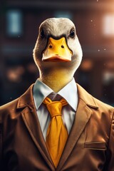 Poster - A picture of a duck dressed in a suit and tie standing in front of a building. This image can be used to represent professionalism, corporate culture, or even a whimsical twist on formal attire