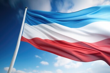 Poster - A large red, white, and blue flag flying in the sky. This image can be used to showcase patriotism, national pride, or to represent a specific country.