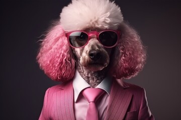 Aufkleber - A poodle dressed in a stylish pink suit and sunglasses. This fun and fashionable image can be used to add a touch of humor and style to various projects.