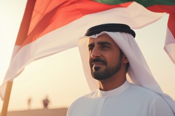 Aufkleber - A man confidently holds a flag high in the desert. This powerful image captures determination and patriotism. Perfect for military or national pride themes.