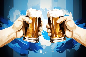 Poster - Two hands holding up two glasses of beer. Suitable for advertising, party invitations, and social gatherings.