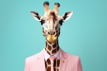 Sticker - A picture of a giraffe dressed in a pink suit and tie. This image can be used for various purposes, such as fashion, humor, or animal-themed designs.