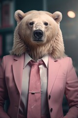 Poster - A man wearing a suit with a bear head on his head. This unique and quirky image can be used to add a touch of humor and creativity to various projects.