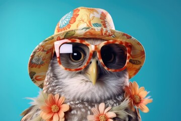 Poster - An owl wearing sunglasses and a hat. This picture can be used for various purposes and themes.