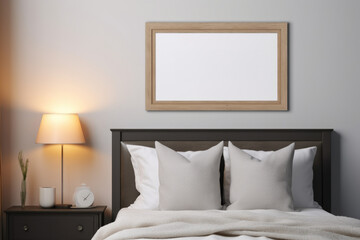 Poster - A comfortable bed with soft pillows and a stylish picture frame on the wall. Perfect for home decor or interior design projects.