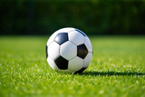 Fototapeta Sport - soccer ball on a well-kept green grass lawn football field