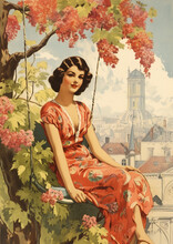 Vintage French Postcard, Spring In France, Retro French Postcard 1920's, French Fashion Women, French Nature Landscape 